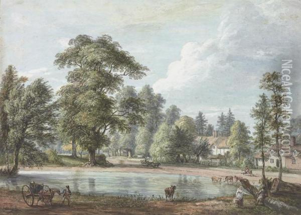 A Village Pond With Cattle Watering, Possibly Nuneham Courtenay,oxfordshire Oil Painting - Paul Sandby