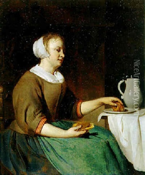 Girl Eating At A Table Oil Painting - Gabriel Metsu