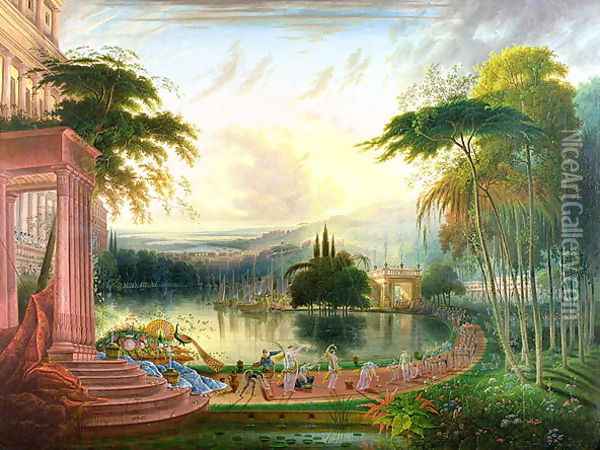 A Romantic Landscape with the Arrival of the Queen of Sheba, c.1830 Oil Painting - Samuel Colman