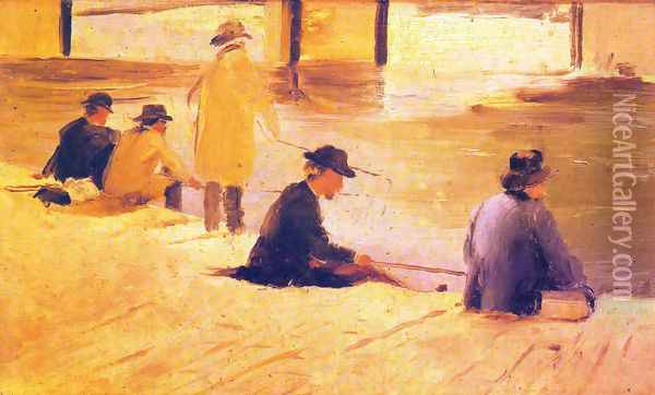 Men fishing in the wharf Oil Painting - Georges Seurat