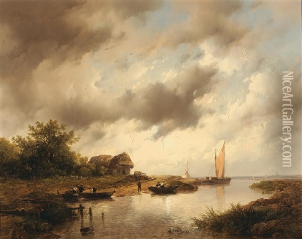 Fishermen Along The Canal Oil Painting - Remigius Adrianus van Haanen