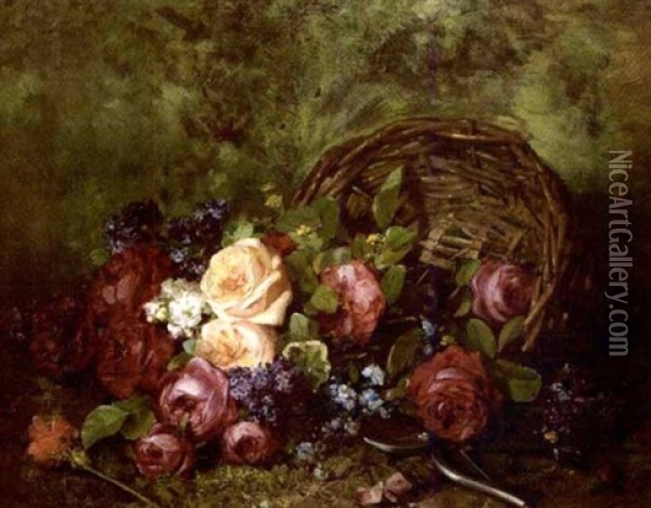 Bouquet De Roses Dans Un Panier Oil Painting - Louis Marie de Schryver