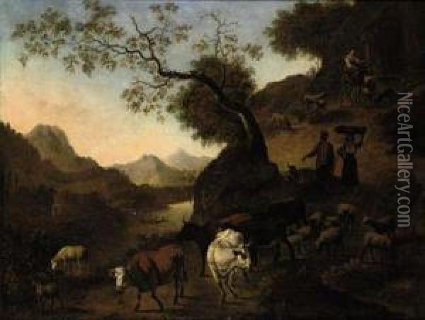 An Italianate Landscape With Shepherds And Their Herd On Apath Oil Painting - Willem Romeyn