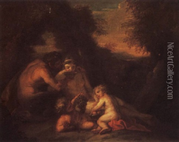 A Satyr And Nymph With Putti In A Landscape Oil Painting - Charles-Antoine Coypel