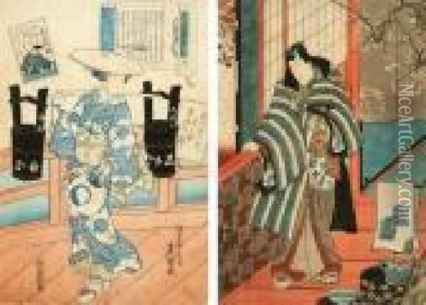 Woman In A Kimono Oil Painting - Utagawa Kuniyoshi