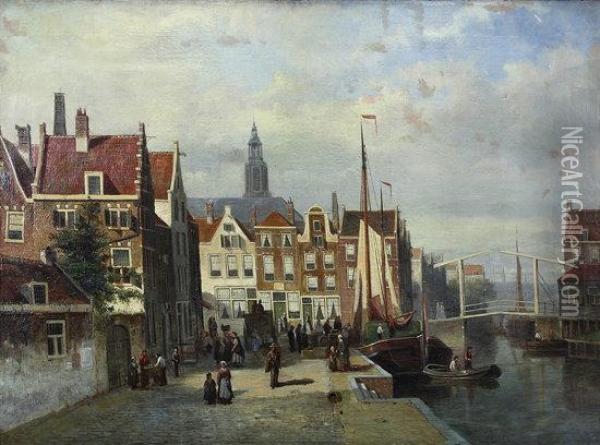 Dutch Canal Scene Oil Painting - Johannes Frederik Hulk, Snr.