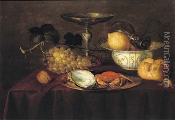 A Silver Dish With An Oyster And A Crab, A Walnut, White Grapes, A Silver Tazza, A Porcelain Bowl With Lemons And A Roemer, A Bread Roll, All On A Draped Table Oil Painting - Theodorus (Dirk) Smits