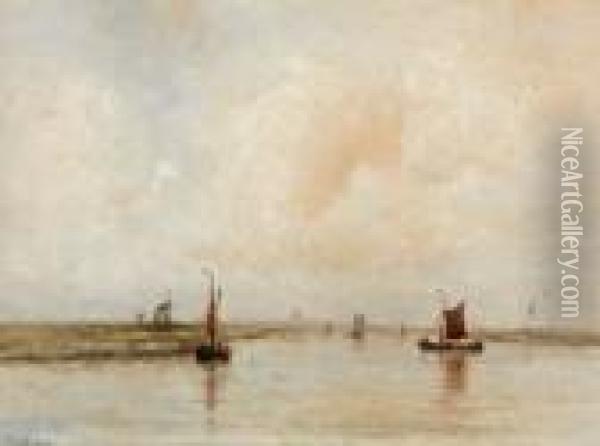 Vissersboten Op Poldervaart Bij Windstilte Oil Painting - Willem Joannes Schutz