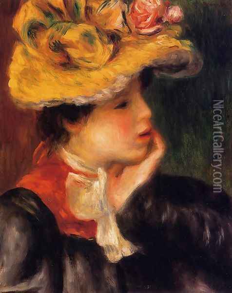 Head Of A Young Woman Aka Yellow Hat Oil Painting - Pierre Auguste Renoir
