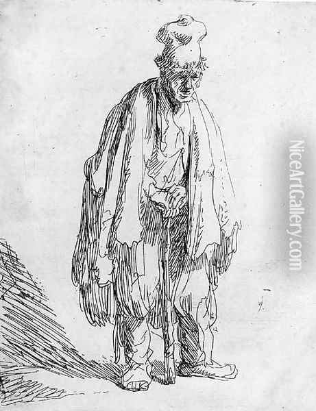 A Beggar in a high Cap, standing and leaning on a Stick Oil Painting - Rembrandt Van Rijn
