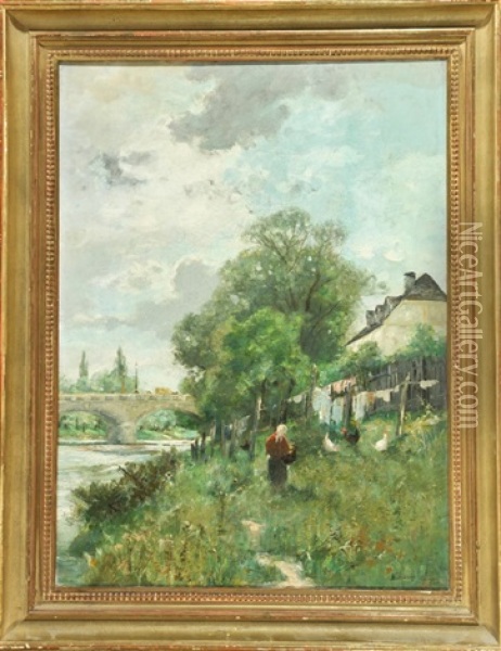 Idyll Am Isarufer, Im Hintergrund Die Alte Maximilianbrucke In Munchen Oil Painting - Anton Windmaier the Elder