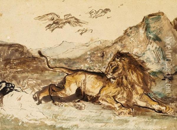 Charles Edme Saint-marcel-cabin: A Lion Laying In The Mountains Oil Painting - Charles Edme Saint-Marcel-Cabin