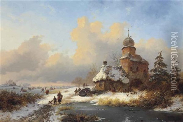 Winter Landscape With Ice Amusements On A Frozen River Oil Painting - Frederik Marinus Kruseman