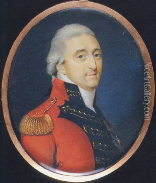 A Field Officer Of Infantry, In Scarlet Coat With Very Pale Buff Facings And Silver Lace, Frilled White Shirt And Black Stock Oil Painting - Samuel Shelley
