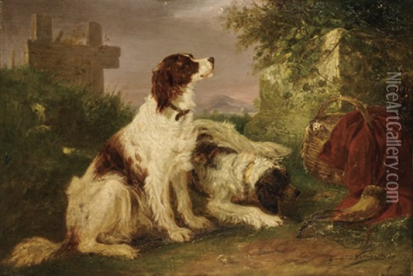 Two Red And White Irish Setter Dogs Oil Painting - Zacharias Noterman