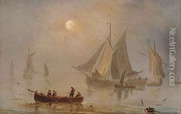 Shipping in a calm, moonlight (illustrated); and Shipping in a swell by moonlight Oil Painting - Dutch School