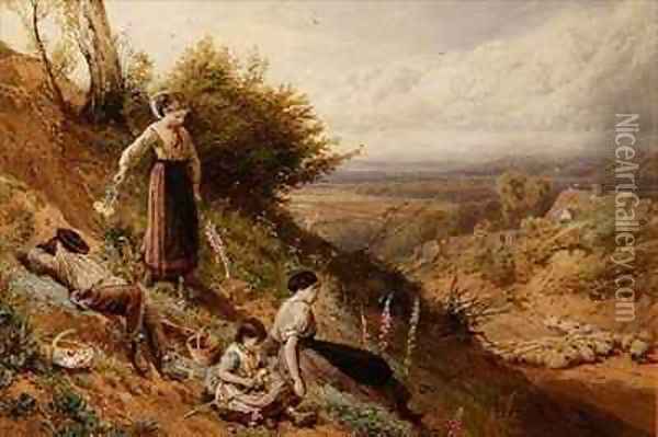 The Hillside or Gathering Foxgloves Oil Painting - Myles Birket Foster