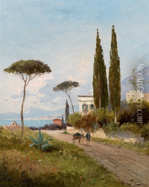 Scenery At The Amalfi Coast Oil Painting - Georg Fischhof