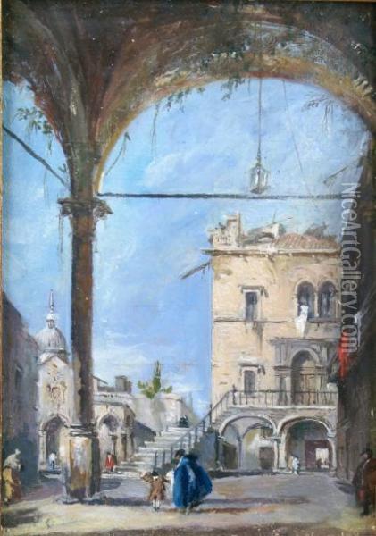 Vue D'un Portique A Venise Oil Painting - Francesco Guardi
