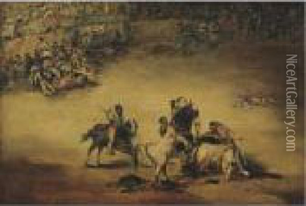 A Bullfight Oil Painting - Eugenio Lucas Velasquez