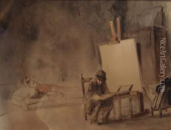 Peintre Et Modele Dans L'atelier Oil Painting - Jean-Louis Forain
