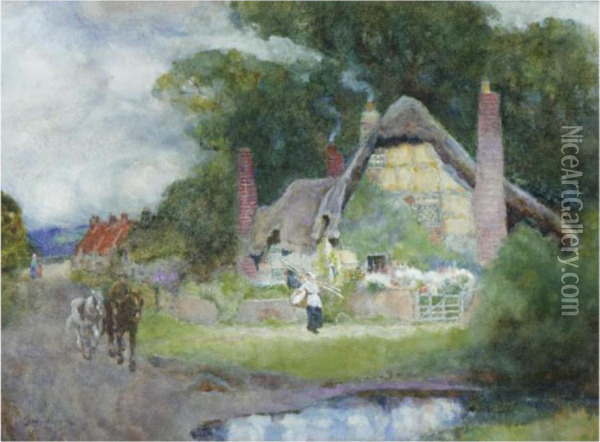 Figures By A Cottage; The Fair Haymaker Oil Painting - David Woodlock