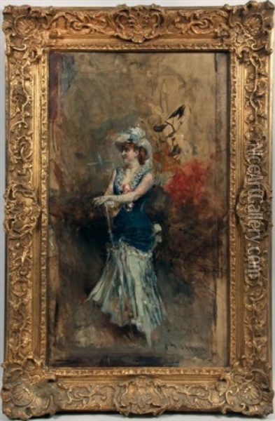 Elegante A La Robe Bleue Et A L'ombrelle Oil Painting - Giovanni Boldini