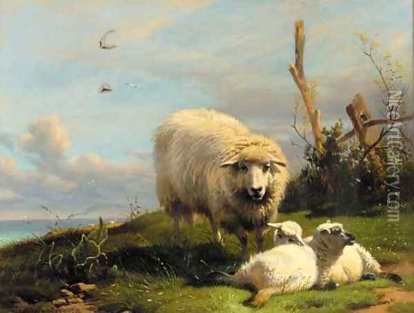 A ewe with lambs in a coastal landscape Oil Painting - Thomas George Cooper