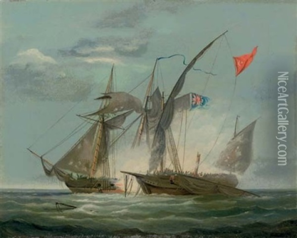 Capture Of A Barbary Corsair By A Naval Brig Oil Painting - Thomas Buttersworth