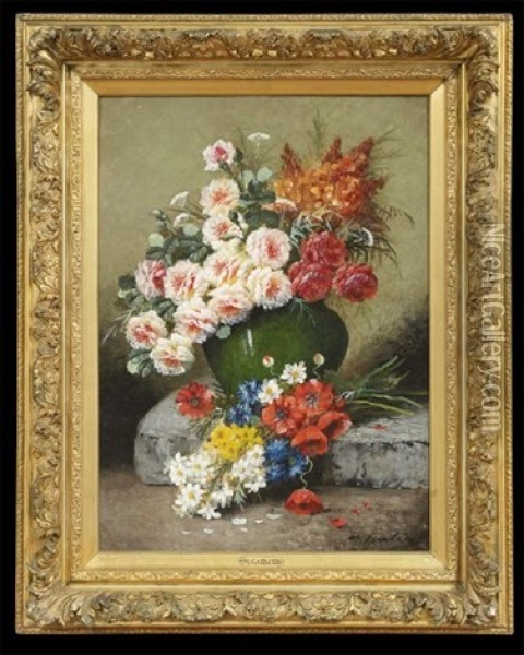 Floral Still Life In A Green Vase Oil Painting - Max Carlier