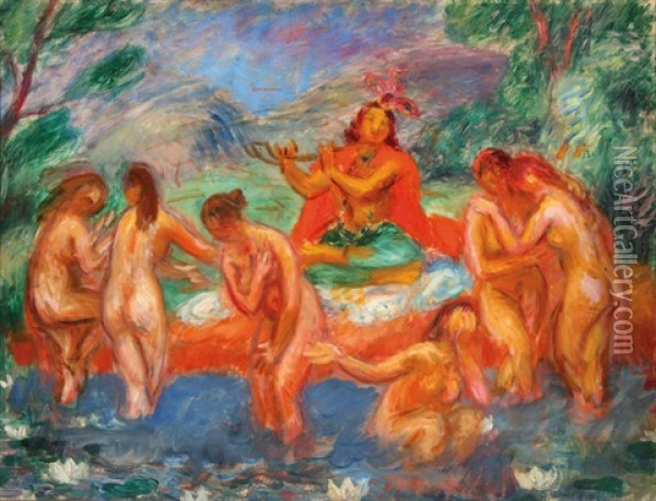 Buddha With Maidens Oil Painting - William Glackens