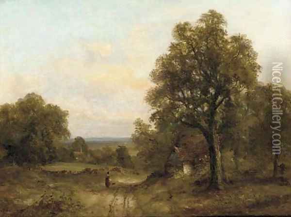 A figure on a track in a wooded landscape Oil Painting - Frederick Waters Watts
