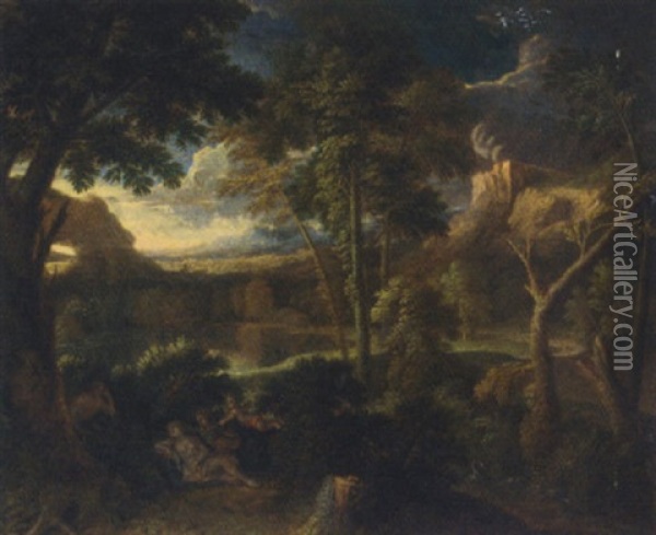 A Wooded Landscape With Classical Figures Oil Painting - Albert Meyeringh