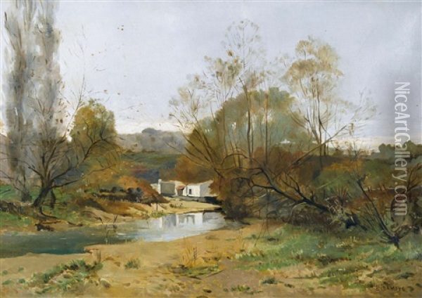 Herbstliche Uferpartie Oil Painting - Pierre Emmanuel Eugene Damoye