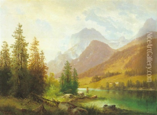 Fischer Am Gebirgssee Oil Painting - Carl Hasch