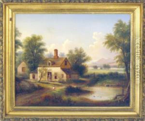 New England Homestead Scene Oil Painting - William H. Titcomb