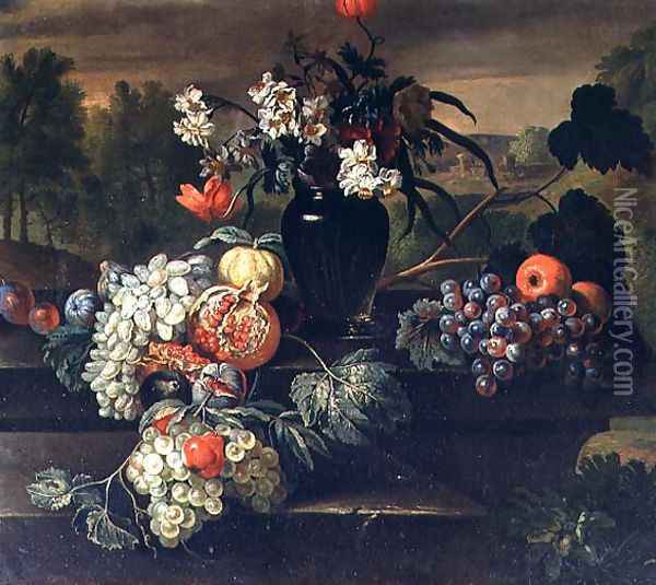 Still Life of Flowers and Fruit Oil Painting - (circle of) Ruoppolo, Giovanni-Battista