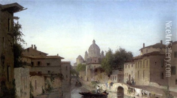 Les Bords Du Canal A Milan Oil Painting - Germain Fabius Brest
