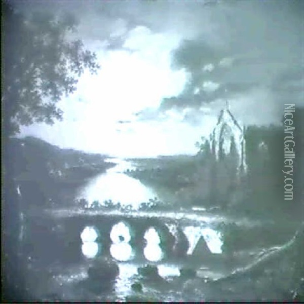 A Moonlit River Landscape With An Abbey Ruin Oil Painting - Sebastian Pether