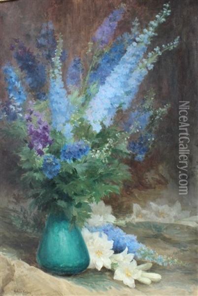 Grand Bouquet De Jacinthes, Lys Et Bleuets Sur Un Entablement Oil Painting - Achille Theodore Cesbron