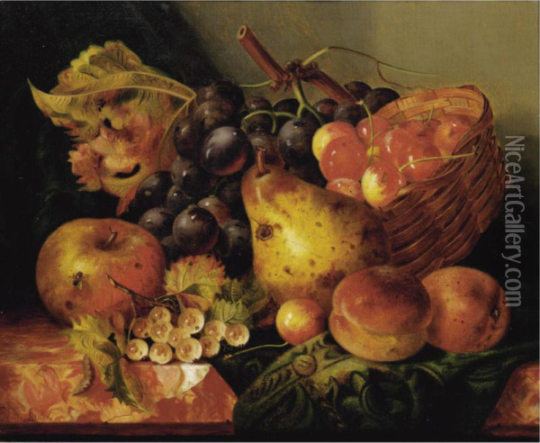 Still Life With Apples, Cherries, Pear And Black Grapes On A Marble Ledge Oil Painting - Ellen Ladell