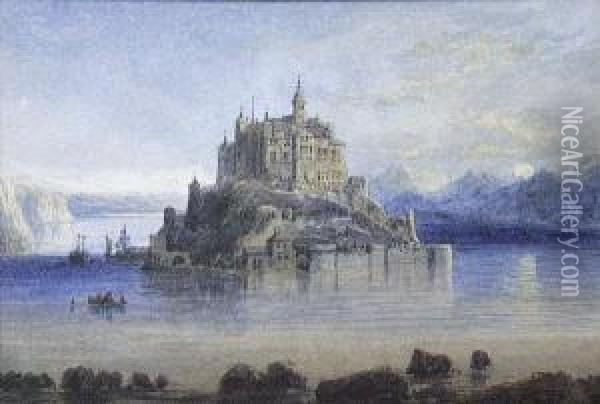 Castle On The Rhine,
Together With Another Landscape By Edwin Earp (2) Oil Painting - Caleb Robert Stanley