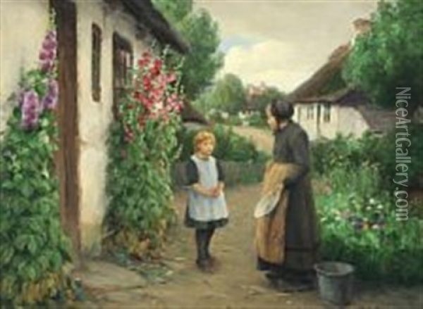 Exterior With A Little Girl And Woman Oil Painting - Hans Andersen Brendekilde