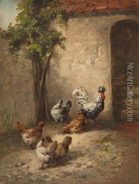 Hens And A Rooster In A Farm Yard Oil Painting - Auguste Joseph Delessard