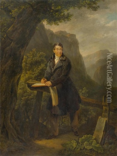 Portrait Of A Draughtsman In A Mountain Landscape Oil Painting - Heinrich Freudweiler