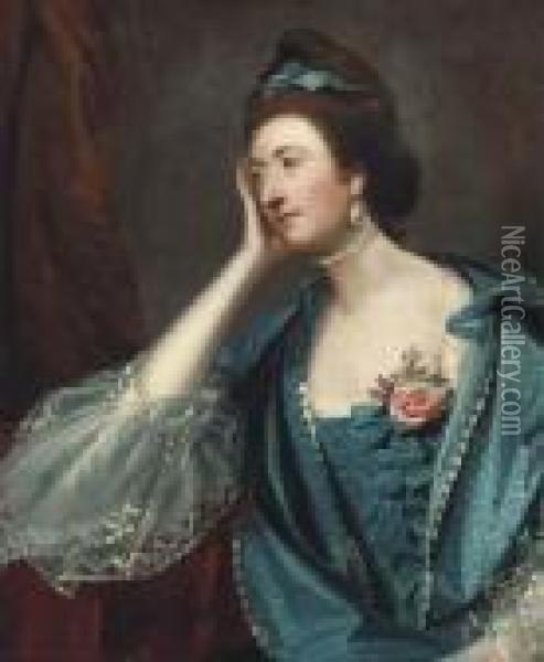 Portrait Of A Lady, Said To Be 
Miss Jane Ashton, Half-length, In Ablue Dress With White Lace Cuffs Oil Painting - Sir Joshua Reynolds