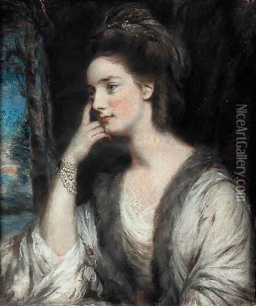Portrait of Lady Watkin Williams-Wynn, half-length, looking to the left, in a white dress and a fur-trimmed stole Oil Painting - Daniel Gardner