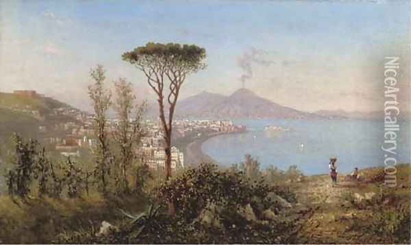 Naples and Castello dell'Ovo with Mount Vesuvius beyond Oil Painting - Achille Solari
