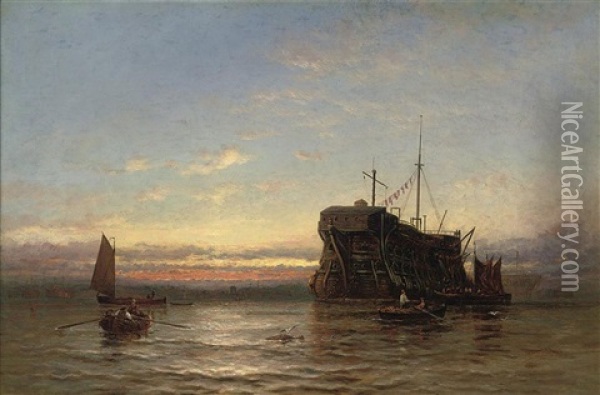 Prison Hulks Lying In A Harbor At Sunset Oil Painting - George Stainton