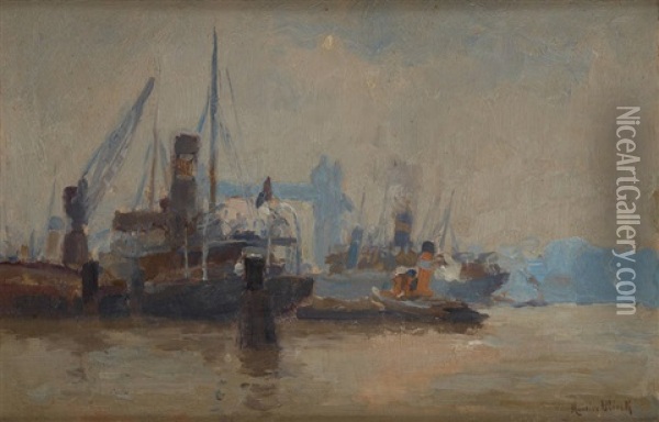 Cargo Et Remorqueur Pres Du Pont De Londres Oil Painting - Maurice Blieck